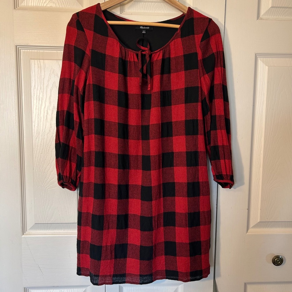Madewell Red Black‎ Buffalo Plaid Long Sleeve Tie Neck Tunic Dress Size M